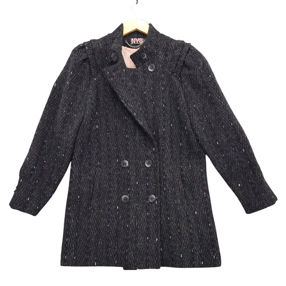 vtg 80s New York Girl Black Tweed Herringbone Double Breasted Coat Size 9 USA